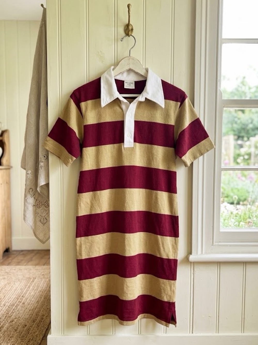 VTG 70s Rugby Stripe Mini Shirt Dress Burgundy Tan Knit Retro Casual Preppy M